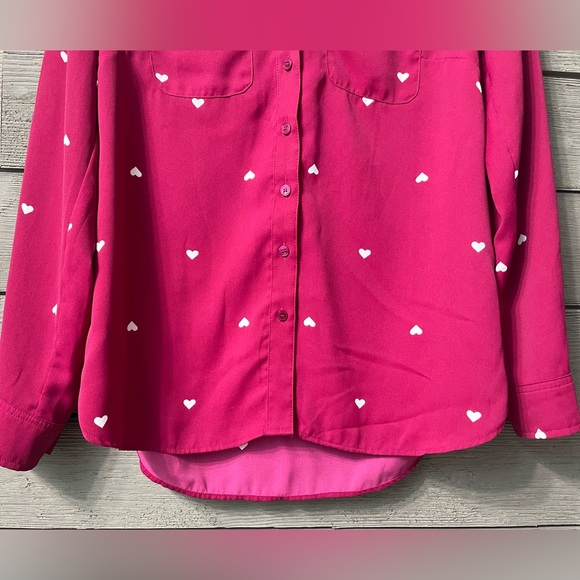 Talbots Fuscia Pink Long Sleeved Button Up Blouse with Whitr Hearts Sz Petite - Picture 6 of 14